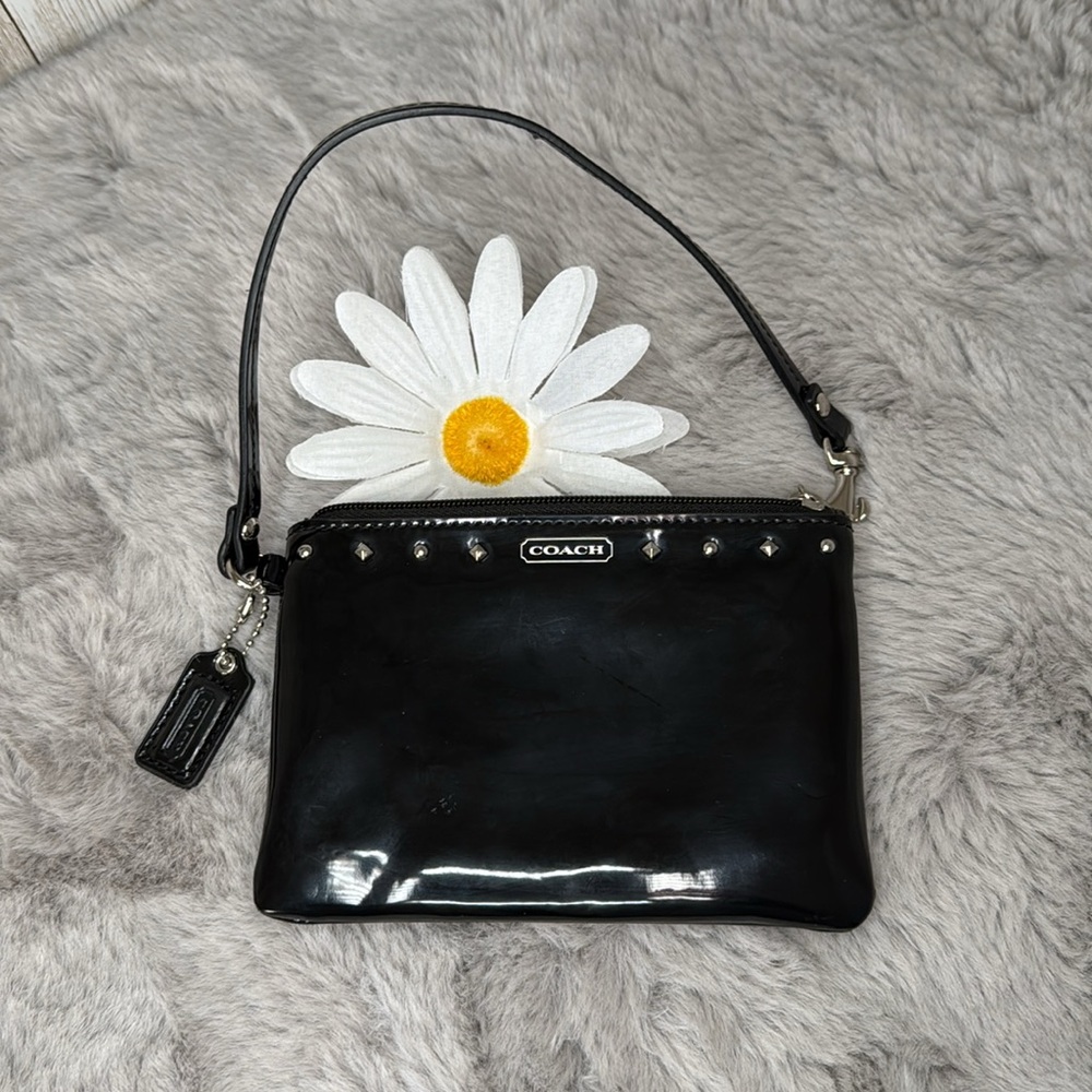 Coach Silver Studded Black Liquid Gloss Wristlet, EUC